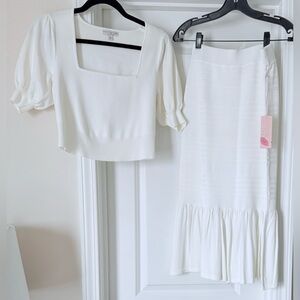 White Two-Piece Knit Top & Ruffle Hem Skirt Set